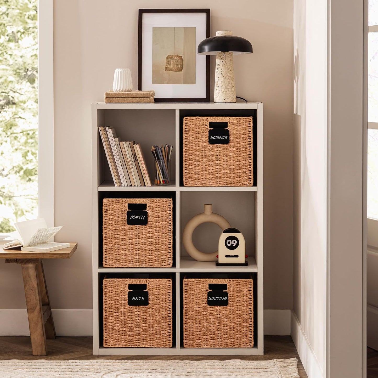 UBBCARE 4 Pack Wicker Basket, 12×12 Storage Cubes with Label, Foldable Cube Storage Bin with Handle, Square Storage Basket for Shelves, Woven Paper Rope Basket for Organizing, Caramel