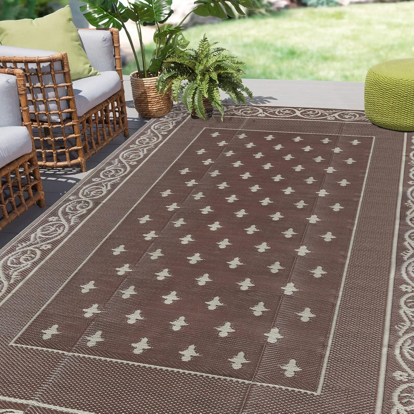 Pauwer Waterproof Outdoor Rug 6x9, Reversible Plastic Straw Patio Camping Rug, Indoor Outdoor RV Mat Carpet for Deck, Camper, Porch, Balcony, Backyard, Picnic, Bordered Brown