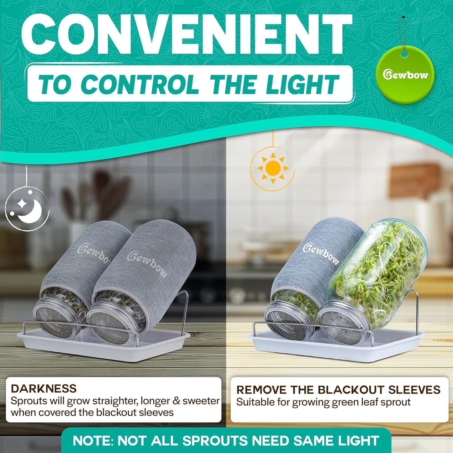 [LARGE SIZE] 2000ml(68oz) Seed Sprouting Mason Jar Kit with Stand,Drain Tray, Screen Lids,Blackout Sleeves,Good Ventilation & Drainage Capacity,Growing Fresh Organic Mung Beans,Broccoli & Microgreens