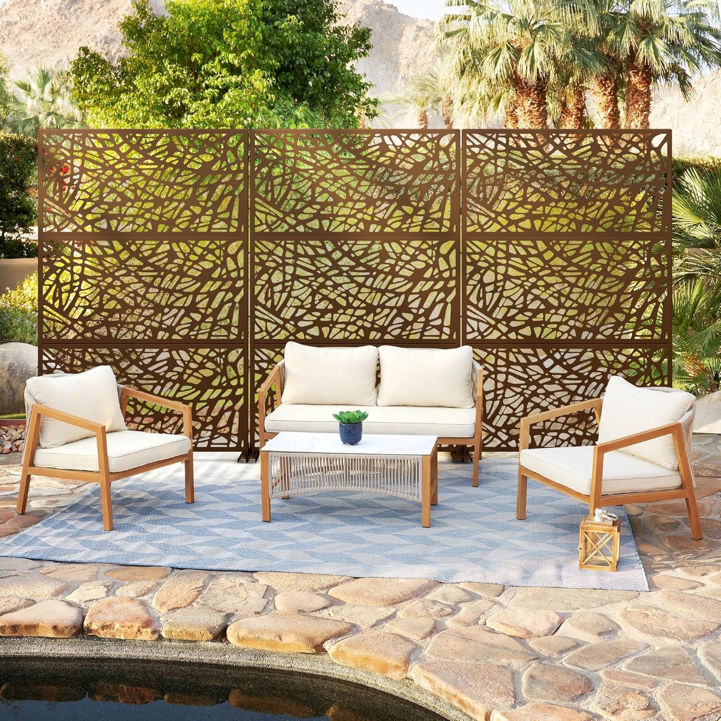 Metal Privacy Screen Outdoor 72" H×47" W,Freestanding Decorative Privacy Screen for Balcony Yard&Garden,Privacy Fence-Brown&Net