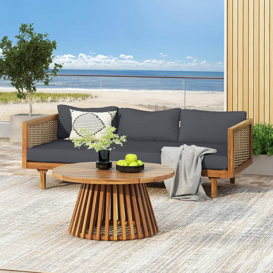 Christopher Knight Home Claremont Patio Sofa and Coffee Table Set, 2 Piece Wicker Patio Furniture Set, Acacia Wood 3 Seater Outdoor Sofa Daybed and Coffee Table Set, Teak+Dark Grey