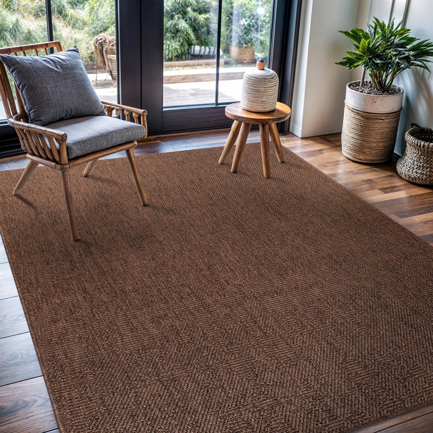 CAMILSON Easy Jute Rug 10x14, Indoor Outdoor Brown Color Fiber Area Rugs for Living Room Patio and Kitchen Rug, Solid Boho Woven Design, Easy-Cleaning, Washable Outside Carpet Alfombras (10 x 14)
