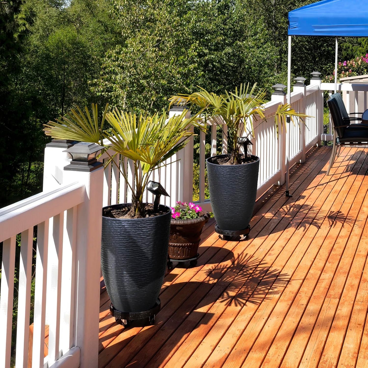 KOL 2-Pack 21in. Tall Plastic Planter - Large Round Tapered Plant Pots with Textured Finish - Black Imitation Stone Looking Big Flower Pots for Indoor & Outdoor Plants - Lightweight and Durable