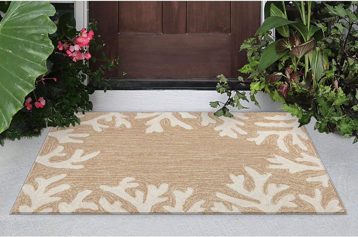 Liora Manne CAPRI Indoor/Outdoor Handmade Synthetic Blend Durable Area Rug - Traditional Border Coastal Beach Accent (Coral Border Neutral) (2'6" x 4')