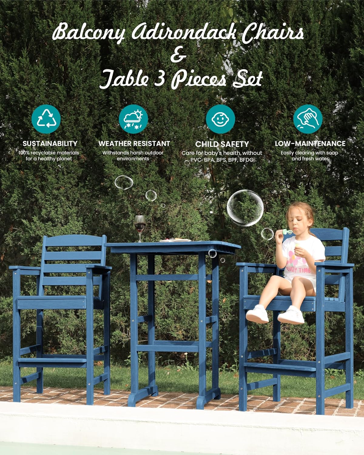 SERWALL Tall Adirondack Chairs Set of 2, Oversize Balcony Adirondack Chairs Set, Outdoor Bar Height Barstools Widened Chair Set for Bistro, Poolside, Garden, Blue