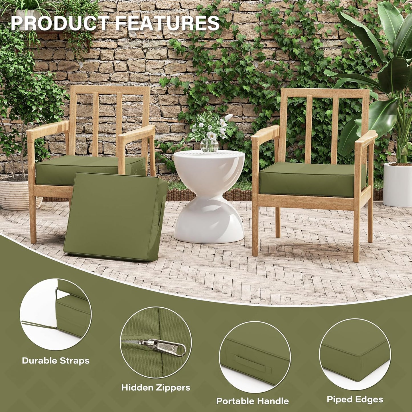 Patio Chair Cushions 18.5 X 16 X 4 Inch Waterproof Outdoor Seat Cushions for Patio Furniture, Outdoor Sofa Couch Pads with Ties & Handle, Set of 2, Light Green