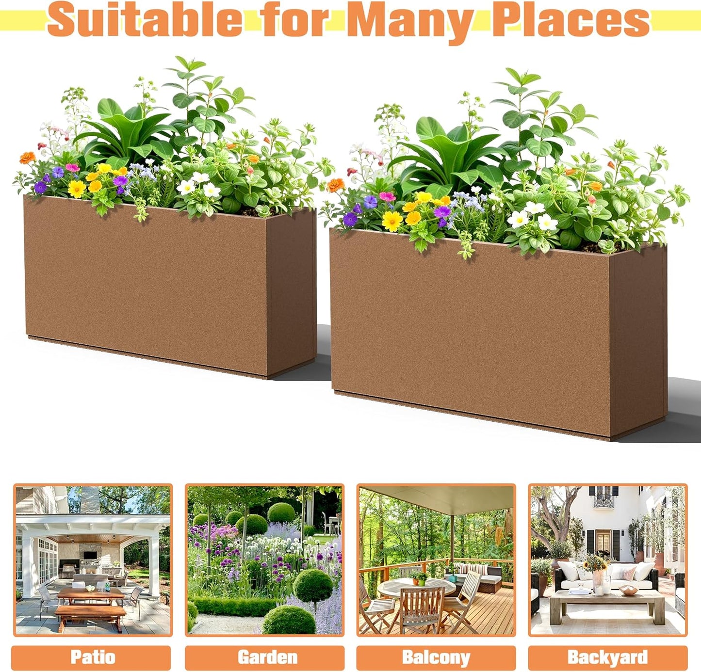 Rectangle Planter for Indoor & Outdoor, Tall and Long Planter Boxes with Drainage Holes, Mental Planter Box All-Weather Use for Plants, Flowers, 32" L x 10" W x 16.3" H, Brown