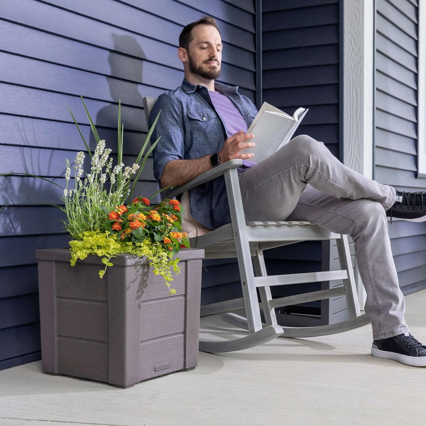 Step2 Lakewood Square Planter, Large Planters for Outdoor Plants, Gardening and Flower Pot for Patio or Porch, Efficient Drainage, Durable Plastic, Dark Cedar, 1-Pack