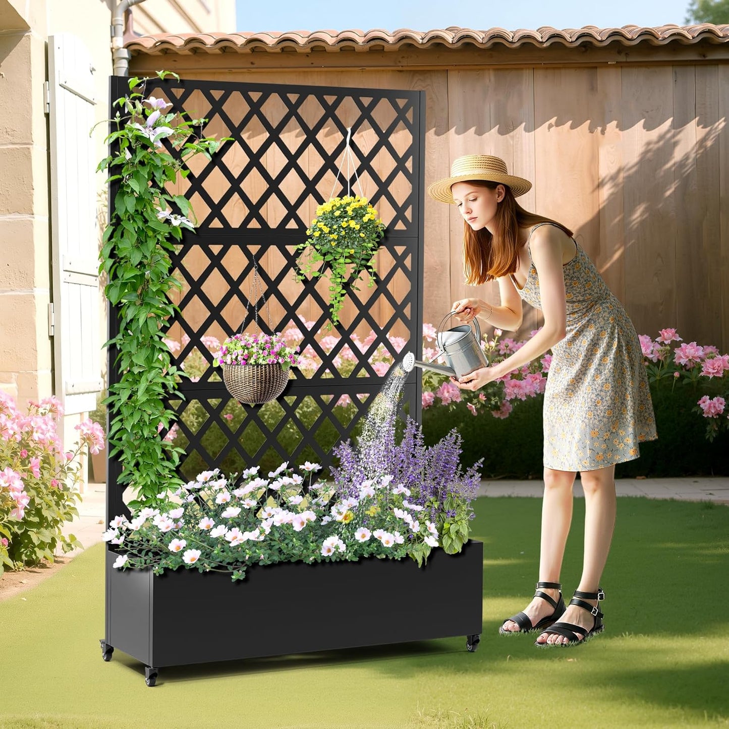 Metal Planter Box with Trellis, Heavy-Duty Raised Garden Bed for Climbing Plants, Drainage Hole, Outdoor Planter Box with Privacy Screen，47''L×16''W×71''H