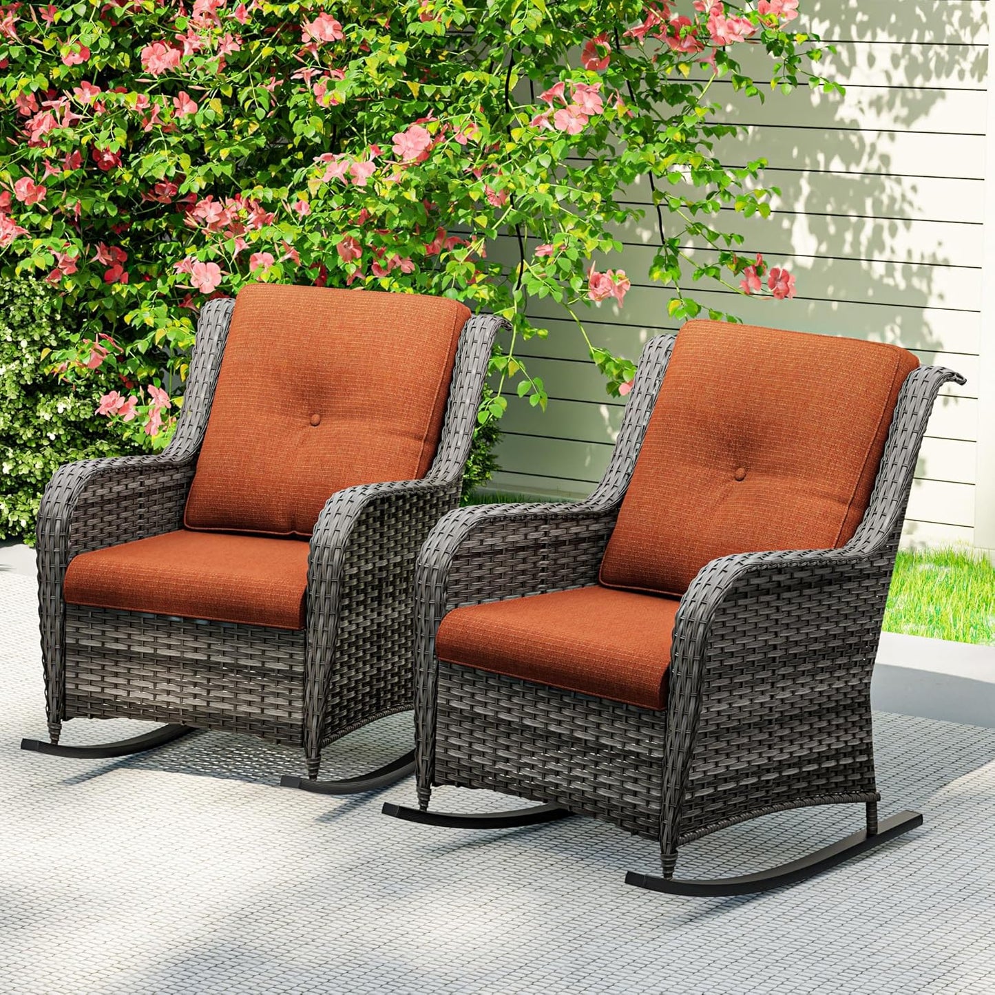 Outdoor Rocking Chair of 2, Wicker Patio Rocker Chair for Yard, Porch, Mixed Brown Grey Rattan, Orange Cushions