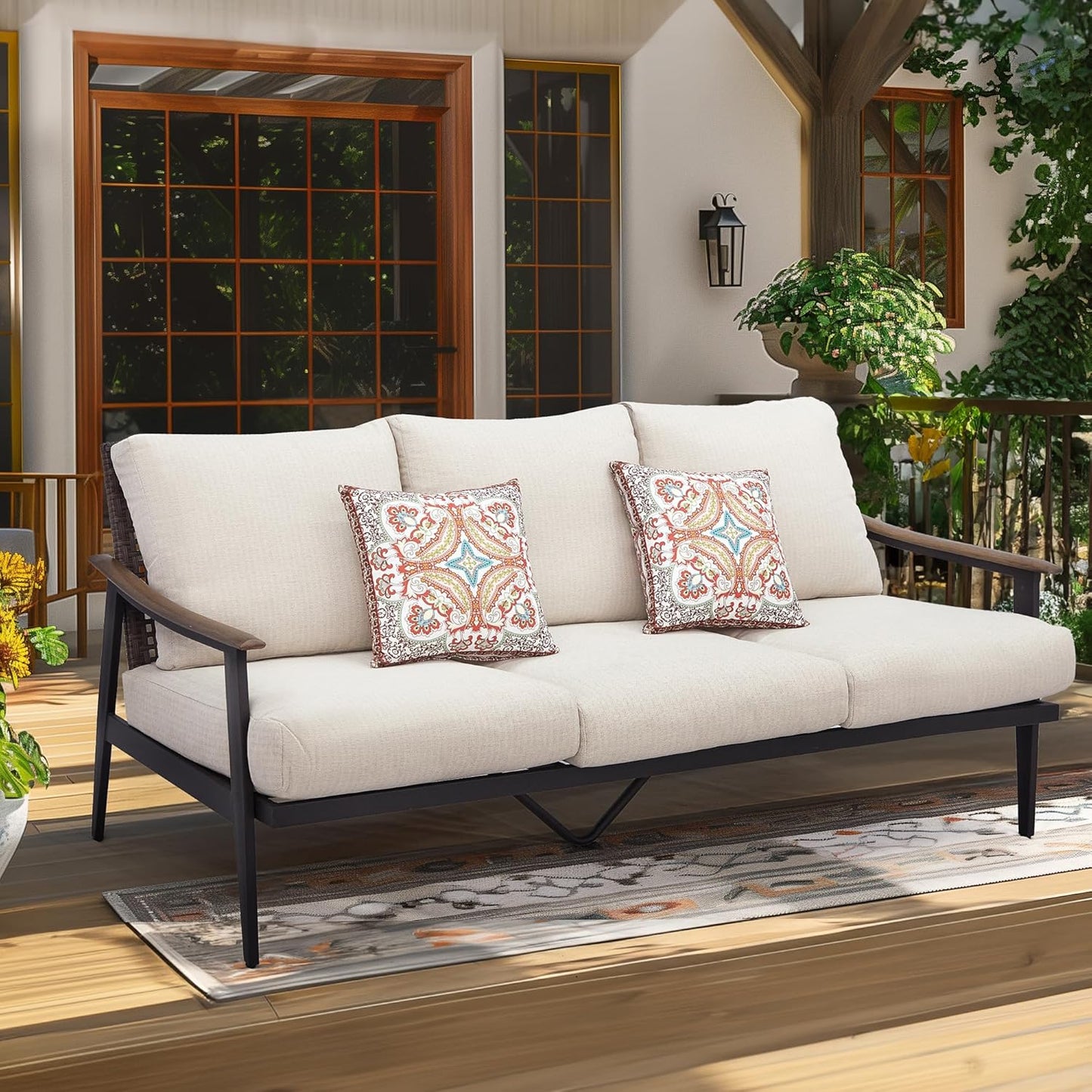 NATURAL EXPRESSIONS Patio Sofa Outdoor Furniture Metal Chair with Wicker Backrest & 6 Inches Cushion for Indoor, Front Porch, Deck, Balcony, Backyard, Sunroom, 73.35"(L) x 29.75"(W) x 33.86"(H).