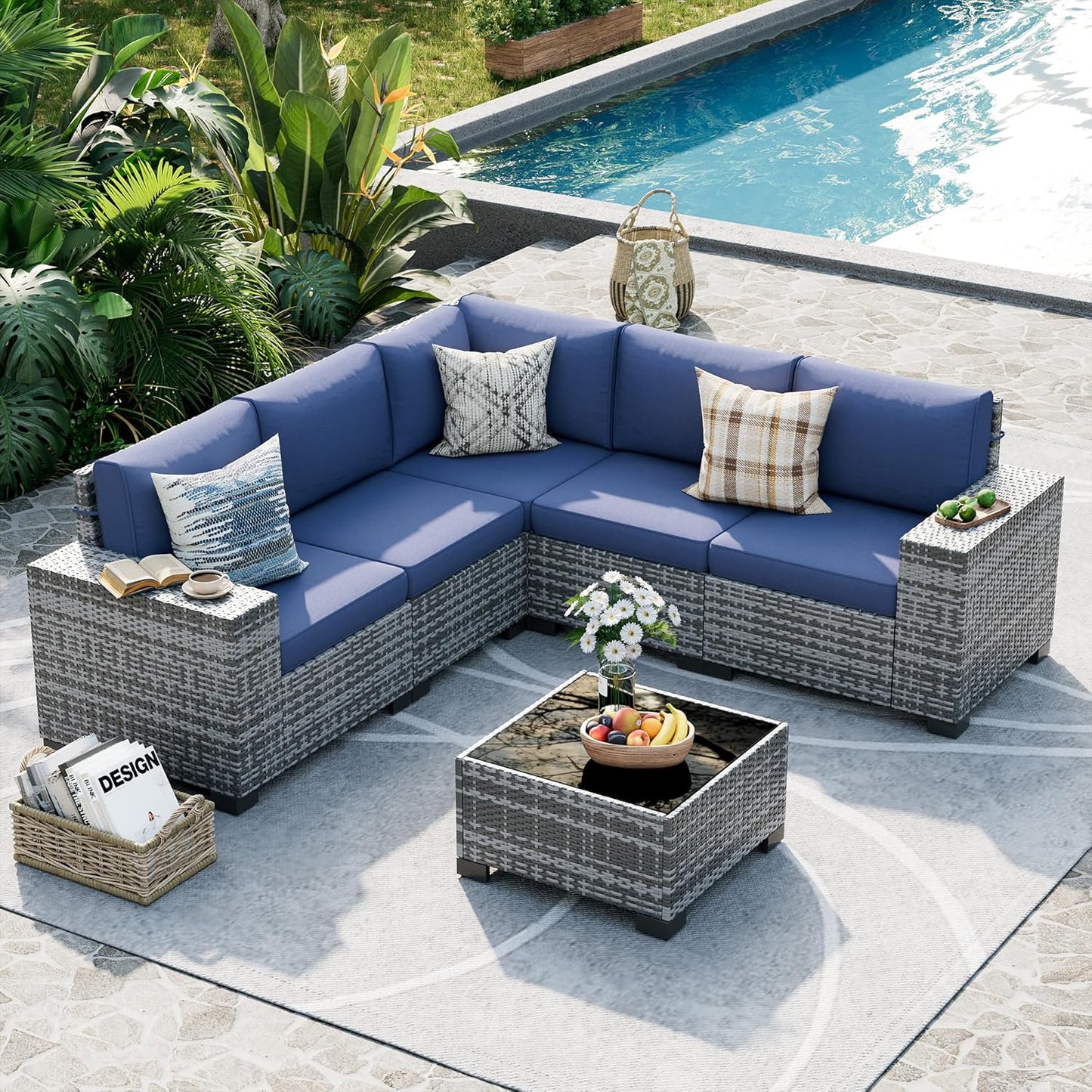 UDPATIO Patio Furniture Set, 8 Inch Armrest Outdoor Sectional Sofa, 6 Piece Wicker Outdoor Furniture Conversation Sets with Waterproof Cover and Coffee Table for Backyard Deck(Grey/Navy Blue)