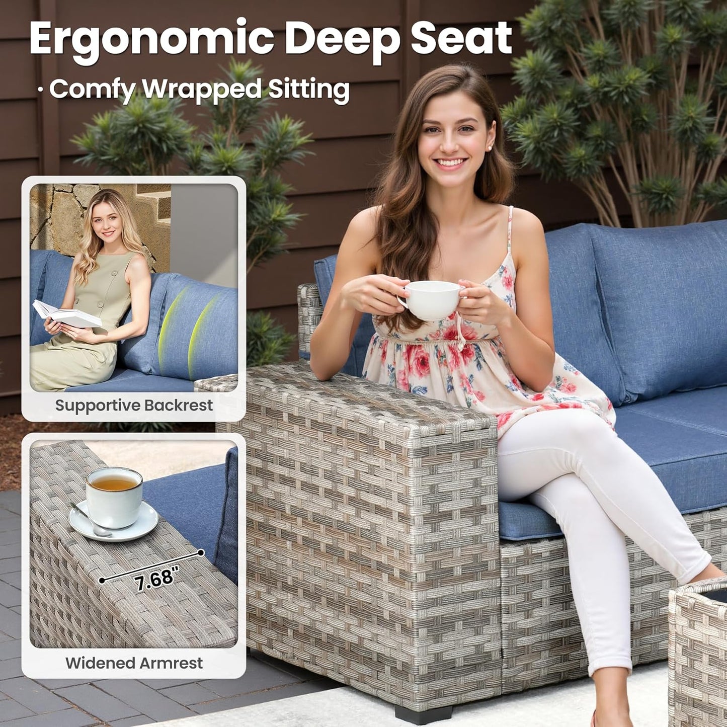 ovios 7 Pieces Patio Furniture Set, Outdoor Wicker Sectional Sofa with 42 Inch Fire Pit Table Comfy Cushions, Modern Modular Deep Seat Rattan Couch Conversation Set, Denim Blue