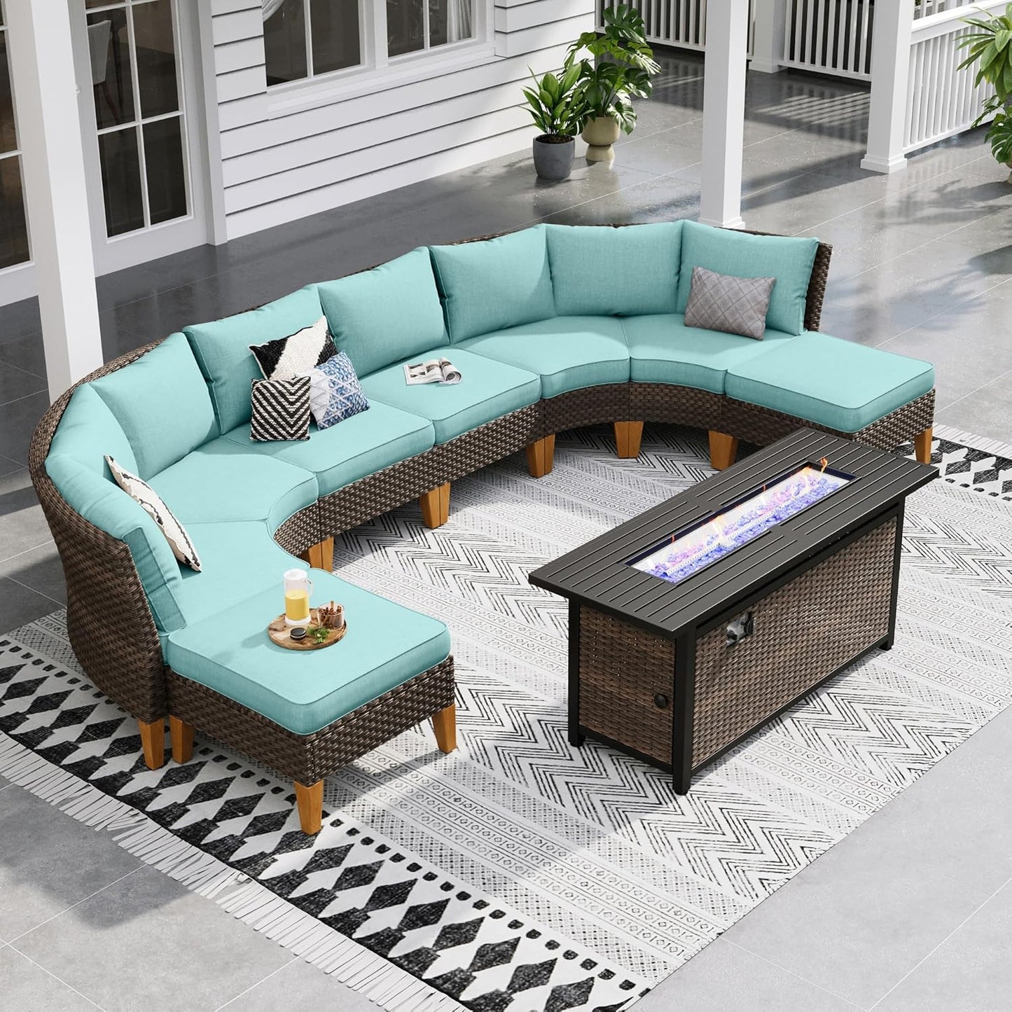 Sophia & William Patio Furniture Set with Fire Pit Table, 11 Piece Half Moon Outdoor Wicker Sectional Sofa Set, Rattan Conversation Set with 56-Inch Fire Pit Table & Ottoman (Aqua Blue)