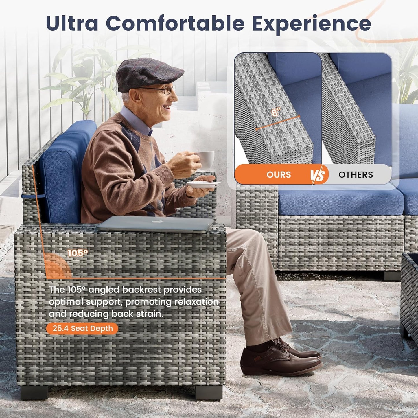 UDPATIO Patio Furniture Set with Fire Pit Table, 8 Inch Armrest Patio Sectional Sofa, 7 Piece Wicker Outdoor Furniture Conversation Set with Waterproof Cover for Backyard Deck(Grey/Navy)