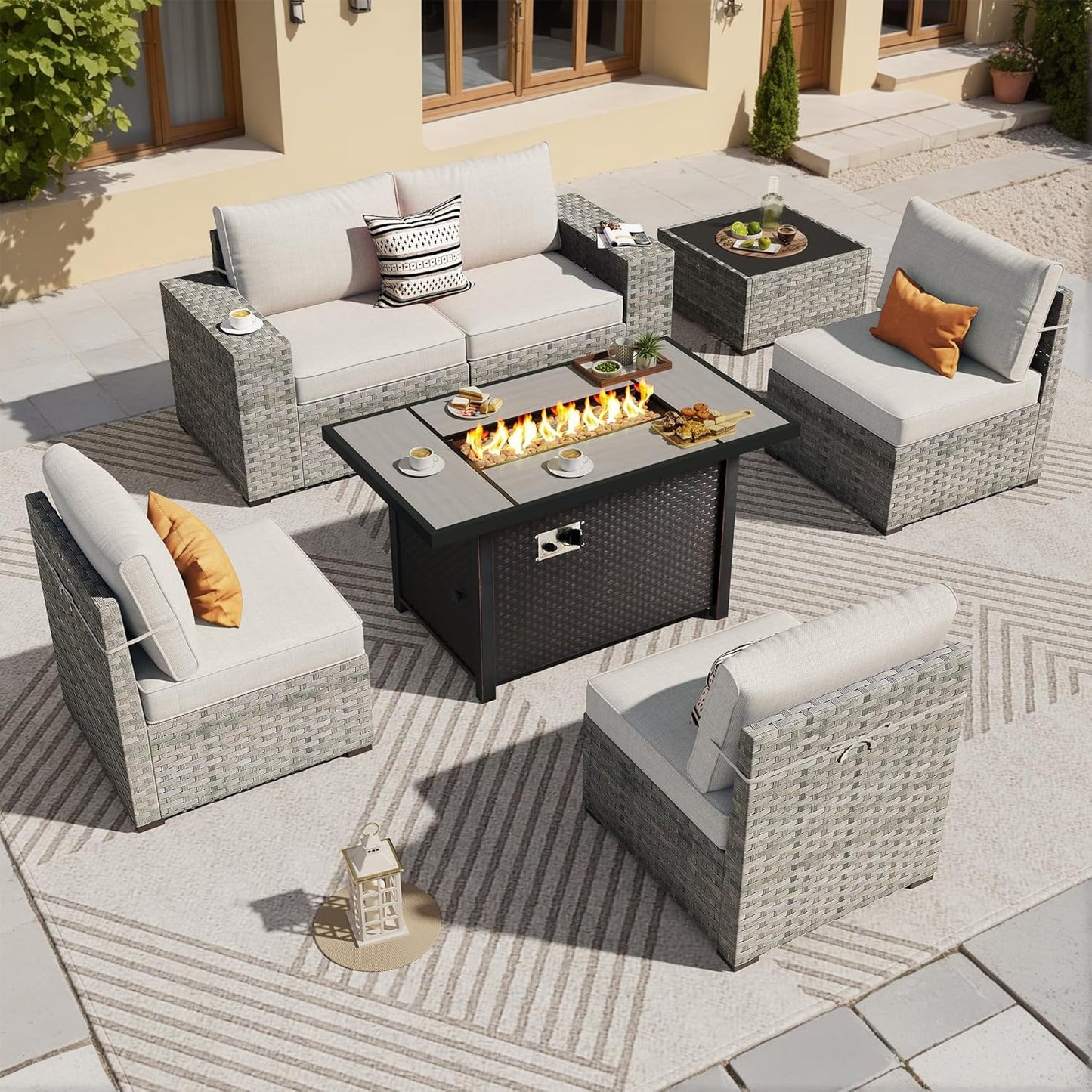 ovios 7 Pieces Patio Furniture Set, Outdoor Wicker Sectional Sofa with 42 Inch Fire Pit Table Comfy Cushions, Modern Modular Deep Seat Rattan Couch Conversation Set, Beige