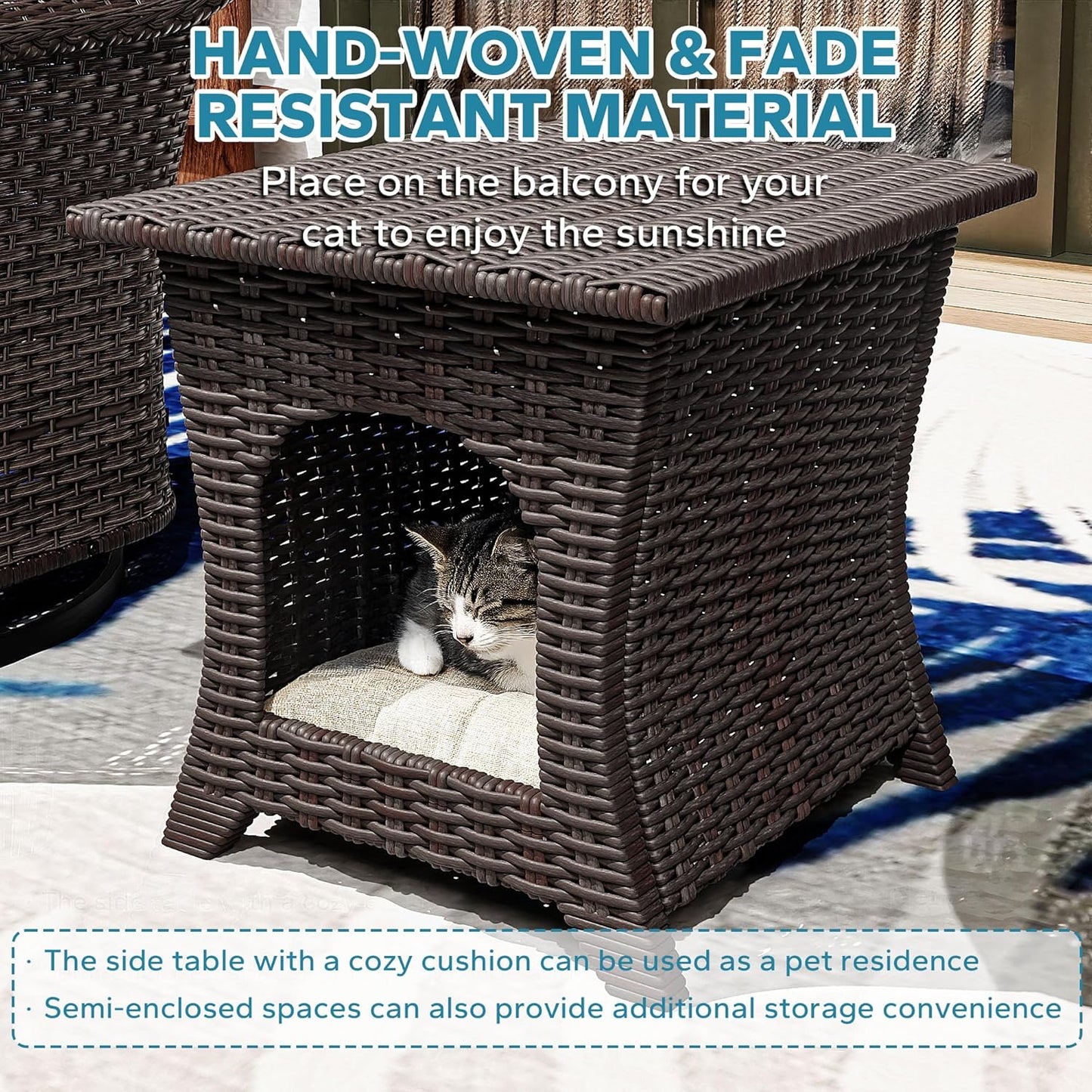 Outdoor Wicker 360 Degree Swivel Glider Rocker Chairs Set of 2 with Cat House Side Table, Patio Conversation Furniture Set with Washable Cushions for Garden, Poolside (Navy Blue)