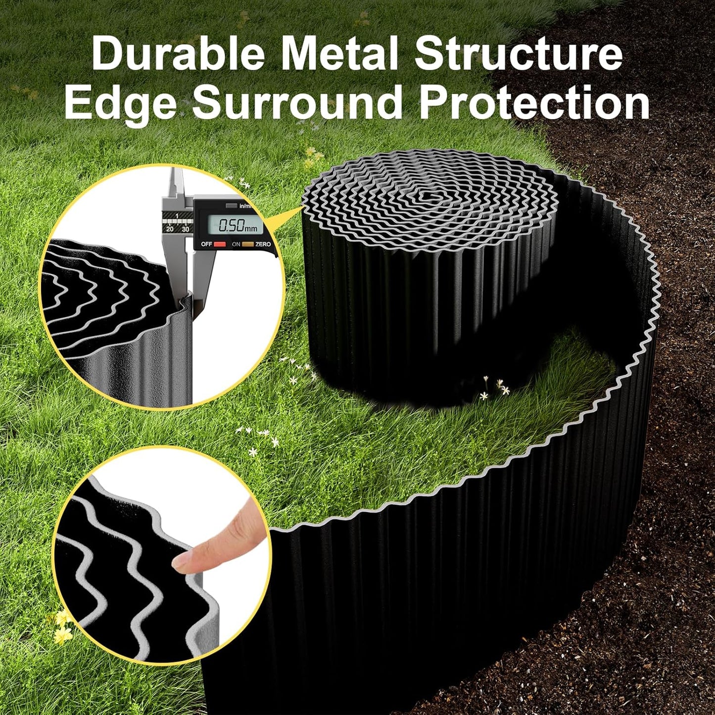 Land Guard Corrugated Garden Edging Border, 12" x 100' Landscape Paver Edging, Tall Landscape Edging, Fence for Garden, Flower Bed, Lawn and Landscape Edging (Glossy Black)