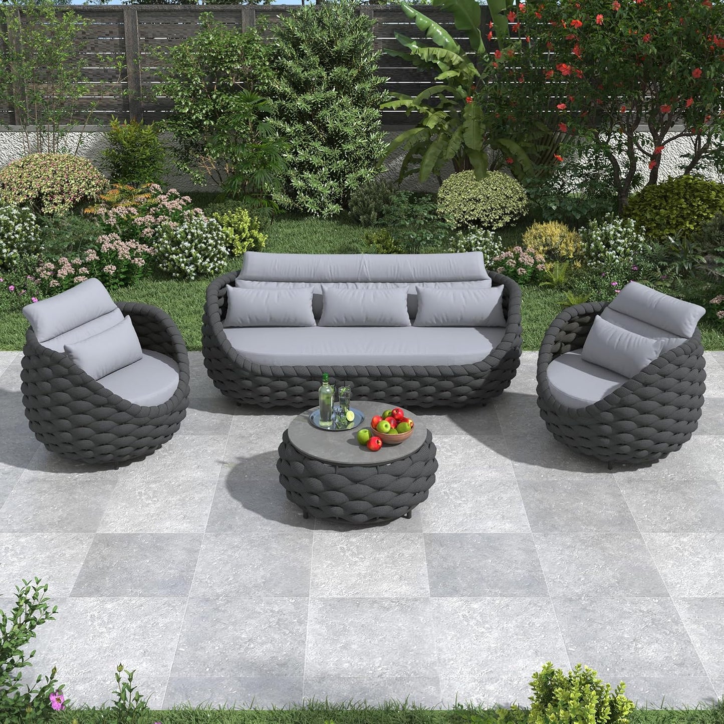 Modern Outdoor Living Room Furniture Set: 4-Piece Alumunim Assembled Woven Rope Accent Patio Conversation Set, All-Weather Lounge Sofa Set for Porch Backyard Garden Deck Poolside Hotel
