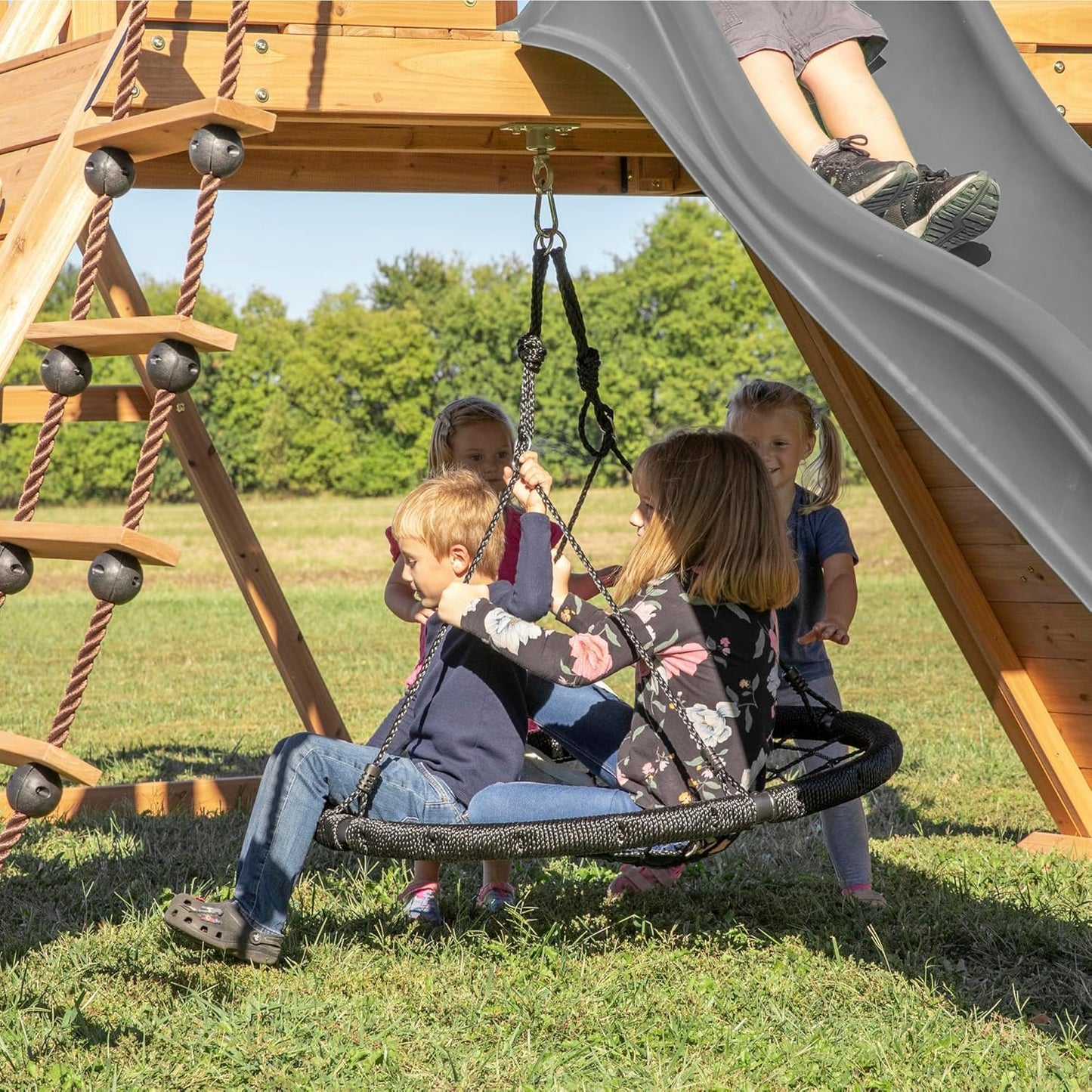 Backyard Discovery Endeavor Cedar Wood Swing Set with Wave Slide, Play Deck, Double Rock Wall, Rope Ladder, Climbing Wall, Belt Swings, 40-Inch Web Swing, Step Ladder, Toy Telescope, Outdoor Playset