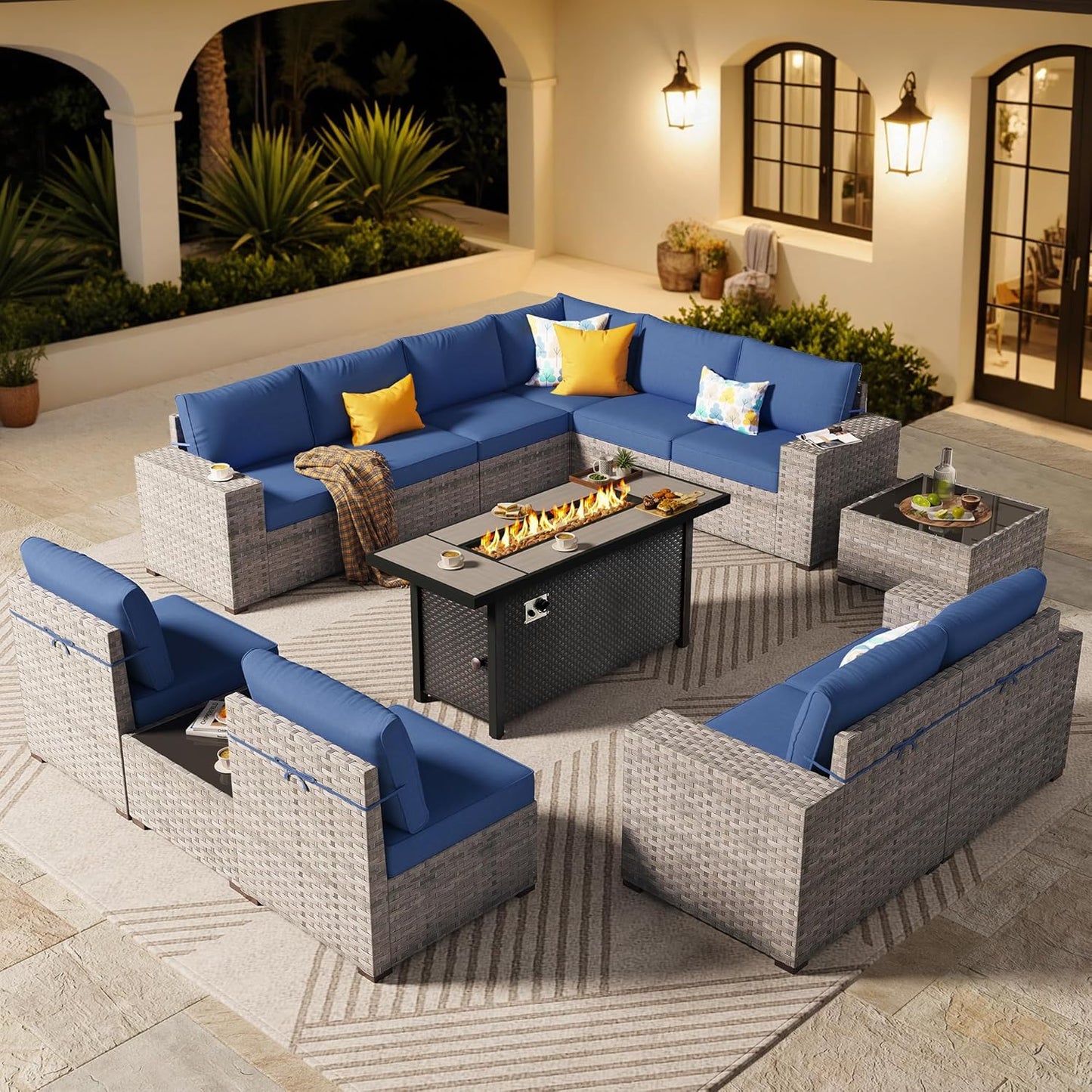 ovios 13 Pieces Patio Furniture Set, Outdoor Wicker Sectional Sofa with 54 Inch Fire Pit Table Comfy Cushions, Modern Modular Deep Seat Rattan Couch Conversation Set, Navy Blue