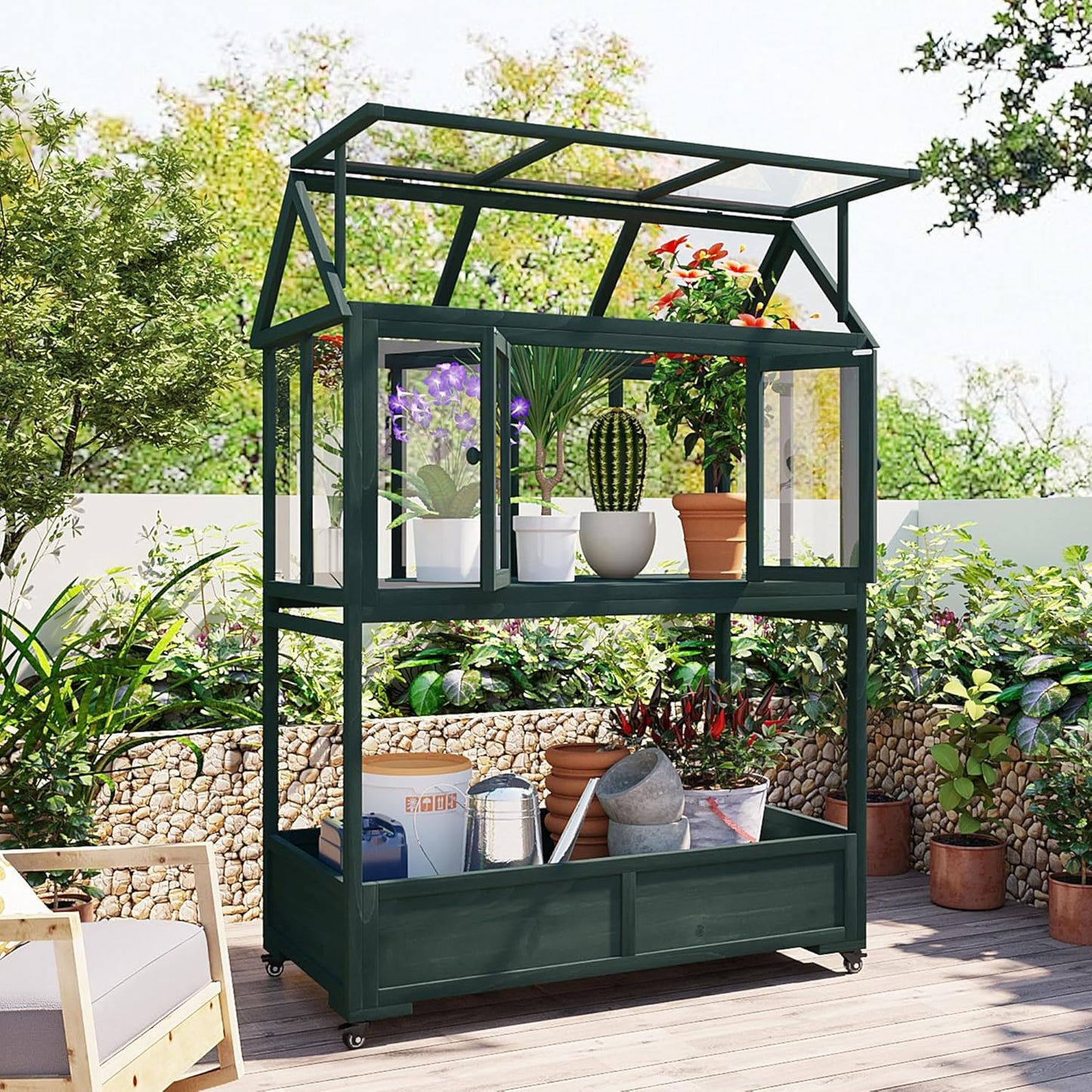 Merax 69" Wooden Greenhouse with Wheels - Portable Cold Frame for Balcony/Patio, UV-Resistant Indoor Outdoor Plant Growing Cabinet (Large, Heavy-Duty) (Forest Green)