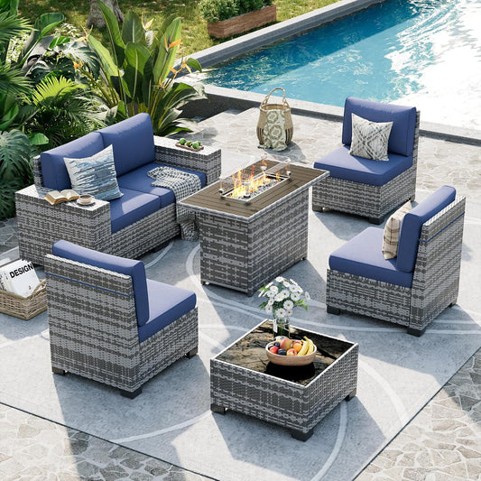 UDPATIO Patio Furniture Set with Fire Pit Table, 8 Inch Armrest Patio Sectional Sofa, 7 Piece Wicker Outdoor Furniture Conversation Set with Waterproof Cover for Backyard Deck(Grey/Navy)