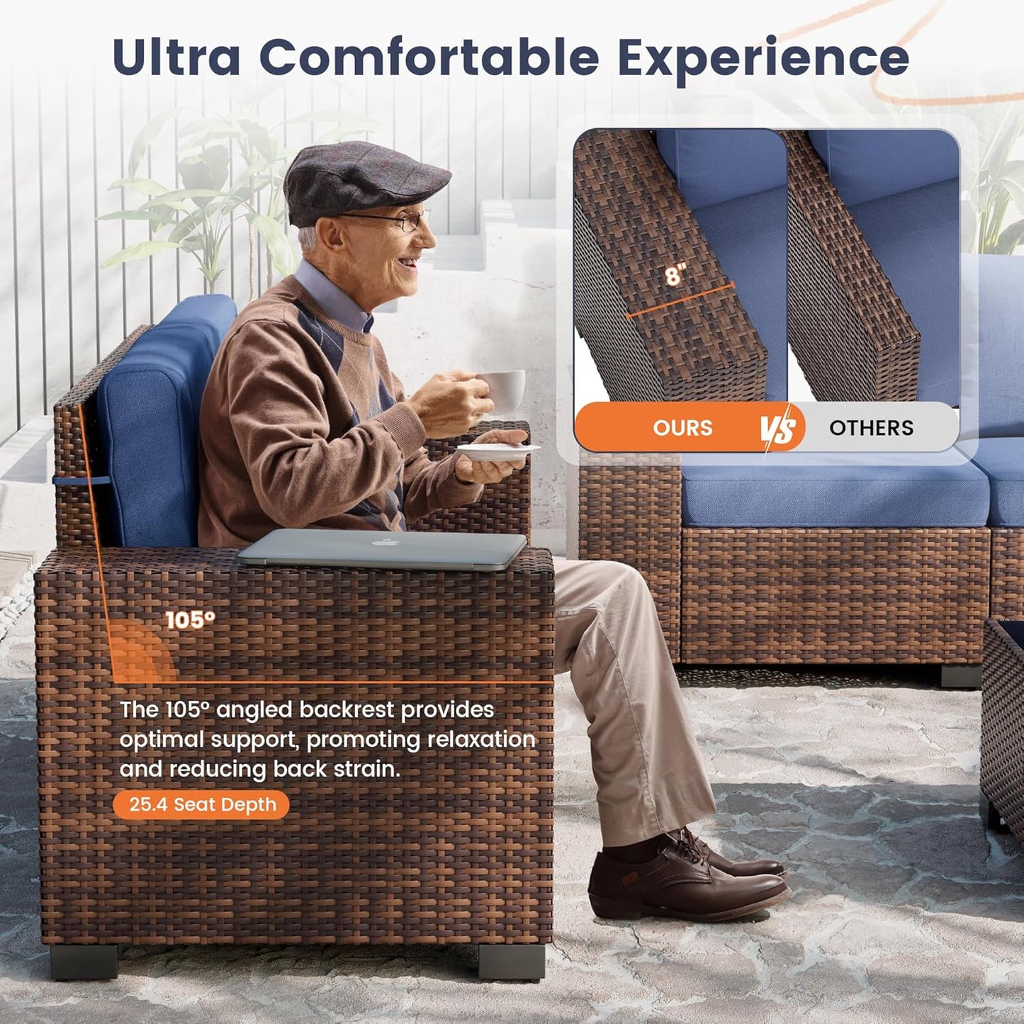 UDPATIO Patio Furniture Set with Fire Pit Table, 8 Inch Armrest Outdoor Sectional Sofa, Wicker Outdoor Furniture Conversation Sets with Waterproof Cover for Backyard Deck(Brown/Navy Blue)