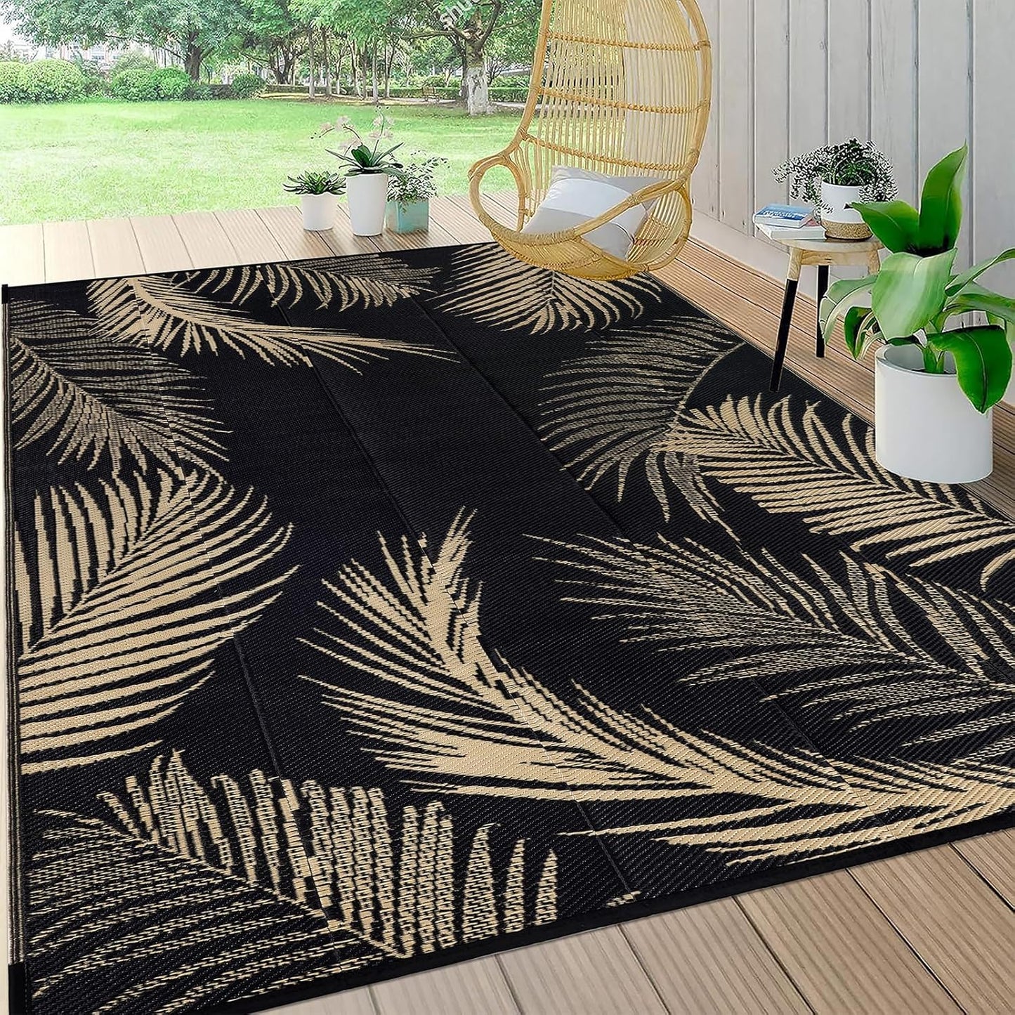 Pauwer Waterproof Outdoor Rug 6x9, Reversible Plastic Straw Patio Camping Rug, Indoor Outdoor RV Mat Carpet for Deck, Camper, Porch, Balcony, Backyard, Picnic, Leaf Black Brown