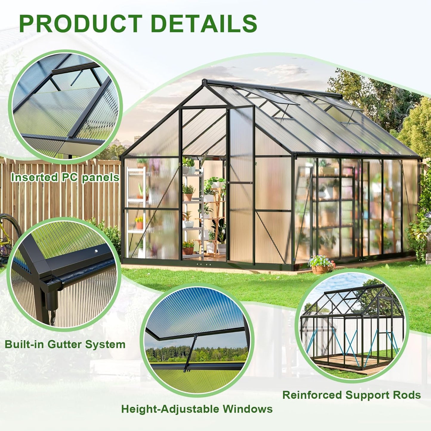 Polar Aurora 8x12 FT Greenhouse, Quick Aluminum Assembly Structure Polycarbonate Greenhouse, Walk-in Greenhouses for Outdoors with Ventilated Windows, Green Houses for Outside Backyard Garden