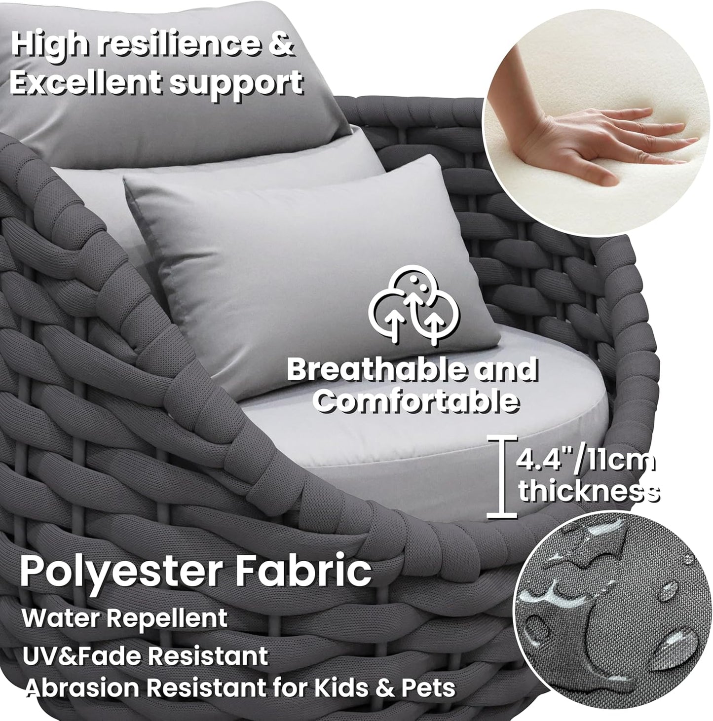 Front Porch Furniture Set: 5 Pieces Woven Rope Patio Conversation Set Aluminum - All Weather Cushioned Outdoor Sofa Set Assembled - Metal Modern Couch Set for 400lbs Deck Garden Poolside Hotel