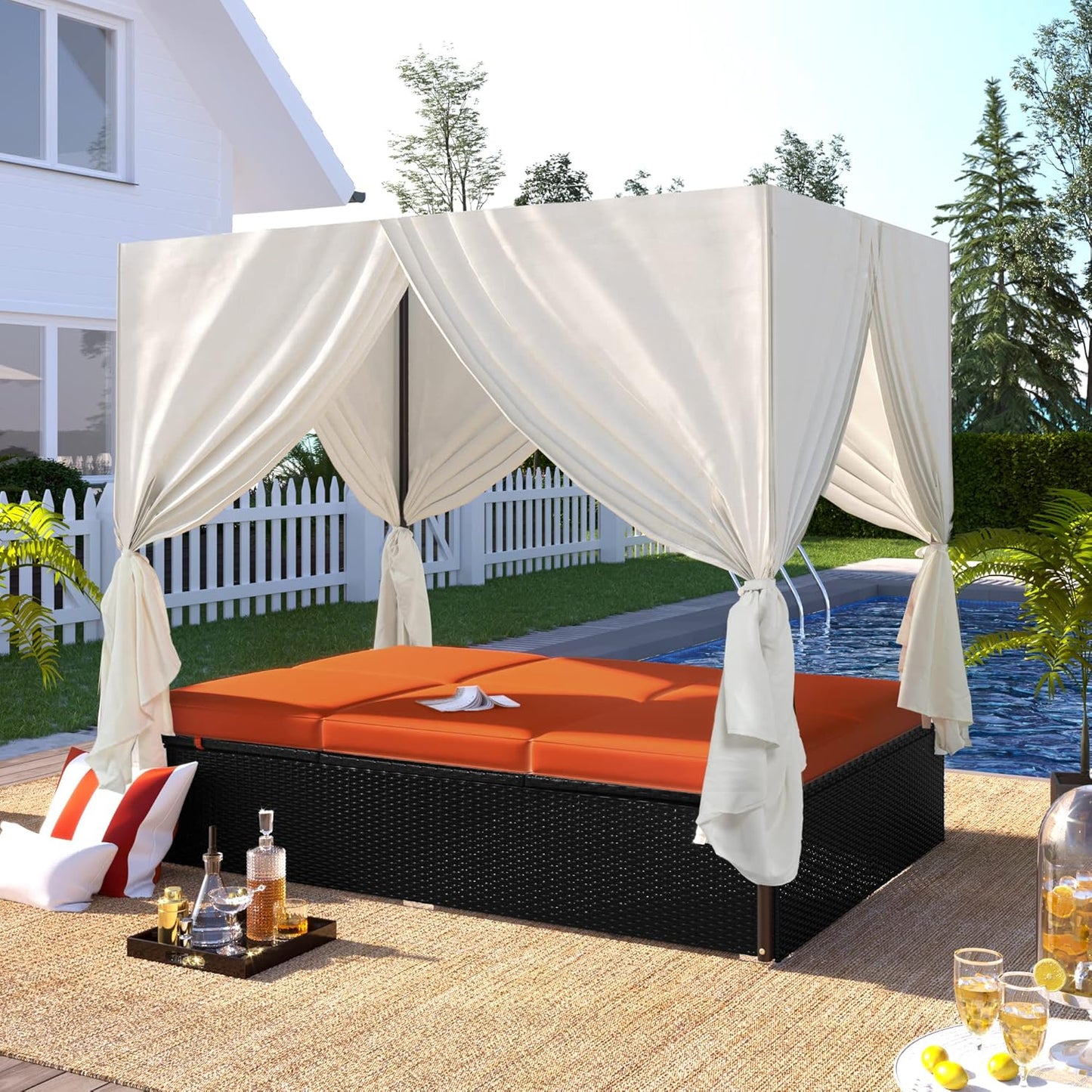 Patio Chaise Lounge, PE Rattan Outdoor Patio Wicker Sunbed Daybed with Adjustable Seats, Four-sided Canopy, Overhead Curtain and Orange Cushions for Backyard, Garden, Poolside (for 2-6 people)