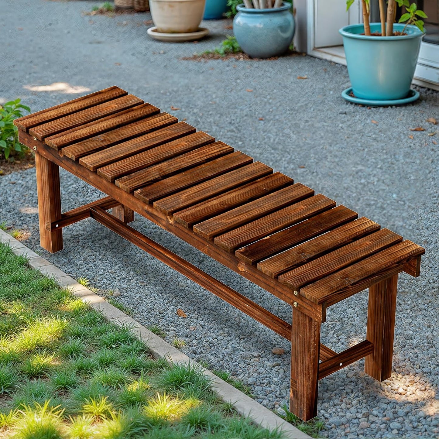 Outdoor Garden Bench, Weatherproof Patio Benches 3-Person Seat Backless Wooden Porch Bench, Multifunctional Slat All Weather Bench for Garden Lawn Porch Park Backyard (Carbonized Brown, 47.2 inch)