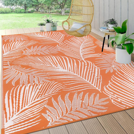 Pauwer Waterproof Outdoor Rug 8x10, Reversible Plastic Straw Patio Camping Rug, Indoor Outdoor RV Mat Carpet for Deck, Camper, Porch, Balcony, Backyard, Picnic, Leaf Orange