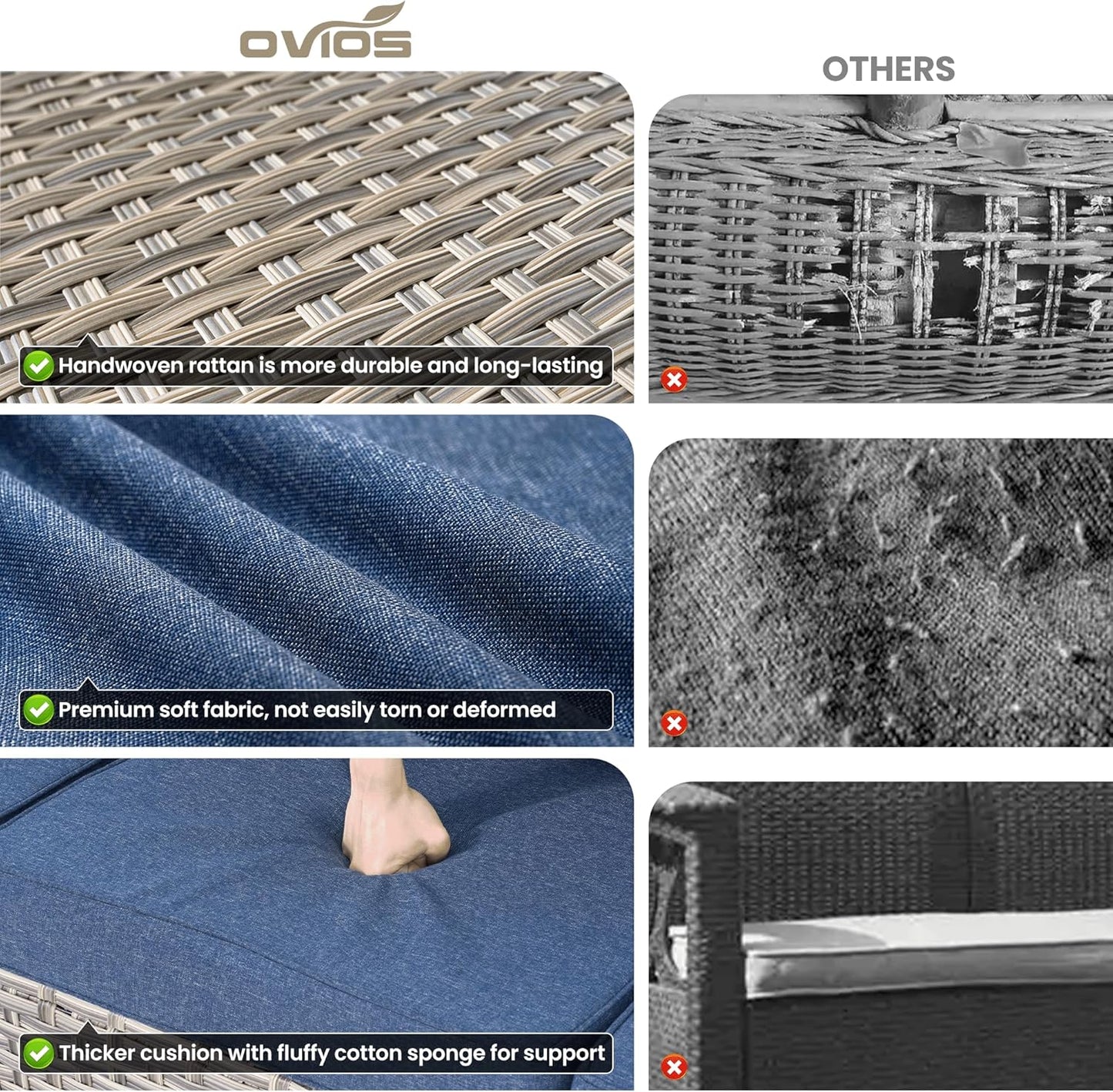 ovios 5 Pieces Patio Furniture Set Outdoor Sectional Sofa Couch with Deep Seat Chaise Comfy Cushions, Modern Modular Wicker Rattan Conversation Set Porch Deck Garden, Denim Blue