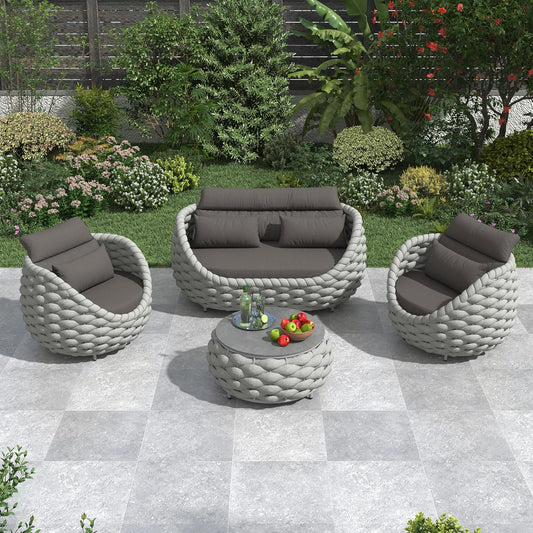 Aluminum Patio Furniture Set: 4 Pieces Woven Rope Outdoor Conversation Sofa Set Assembled - Modern Cushioned Armchair Couch Set for 660lbs Porch Deck Backyard Poolside Garden Drawing Room Hotel
