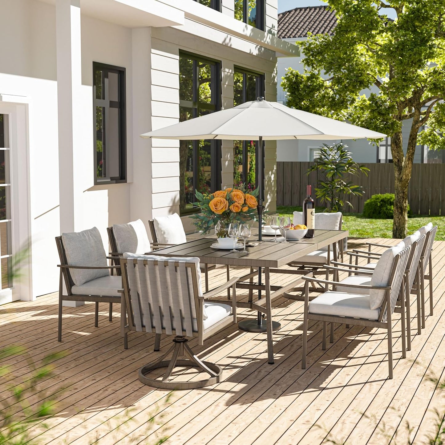 HAPPATIO Patio Table for 8, Large Modern Rectangle Outdoor Dining Table with Umbrella Hole and Adjustable Feet, All Weather Aluminum Patio Table for Garden, Backyard and Poolside, Grey