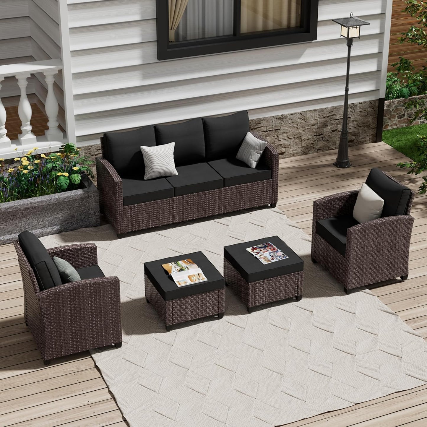 Outdoor Patio Sectional Sofa Set, 7-Piece Rattan Furniture, Patio Conversation Sets with 2 Ottomans Cushions, Seats 5, Dark Grey