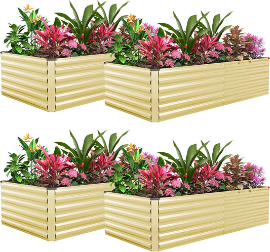 FOOWIN 4pcs 8x4x2ft Galvanized Raised Garden Bed, Planter Raised Garden Boxes Outdoor, Large Metal Raised Beds for Gardening, Garden Bed for Vegetables, Flowers, Herb,478 Gallon Capacity, Cream Yellow