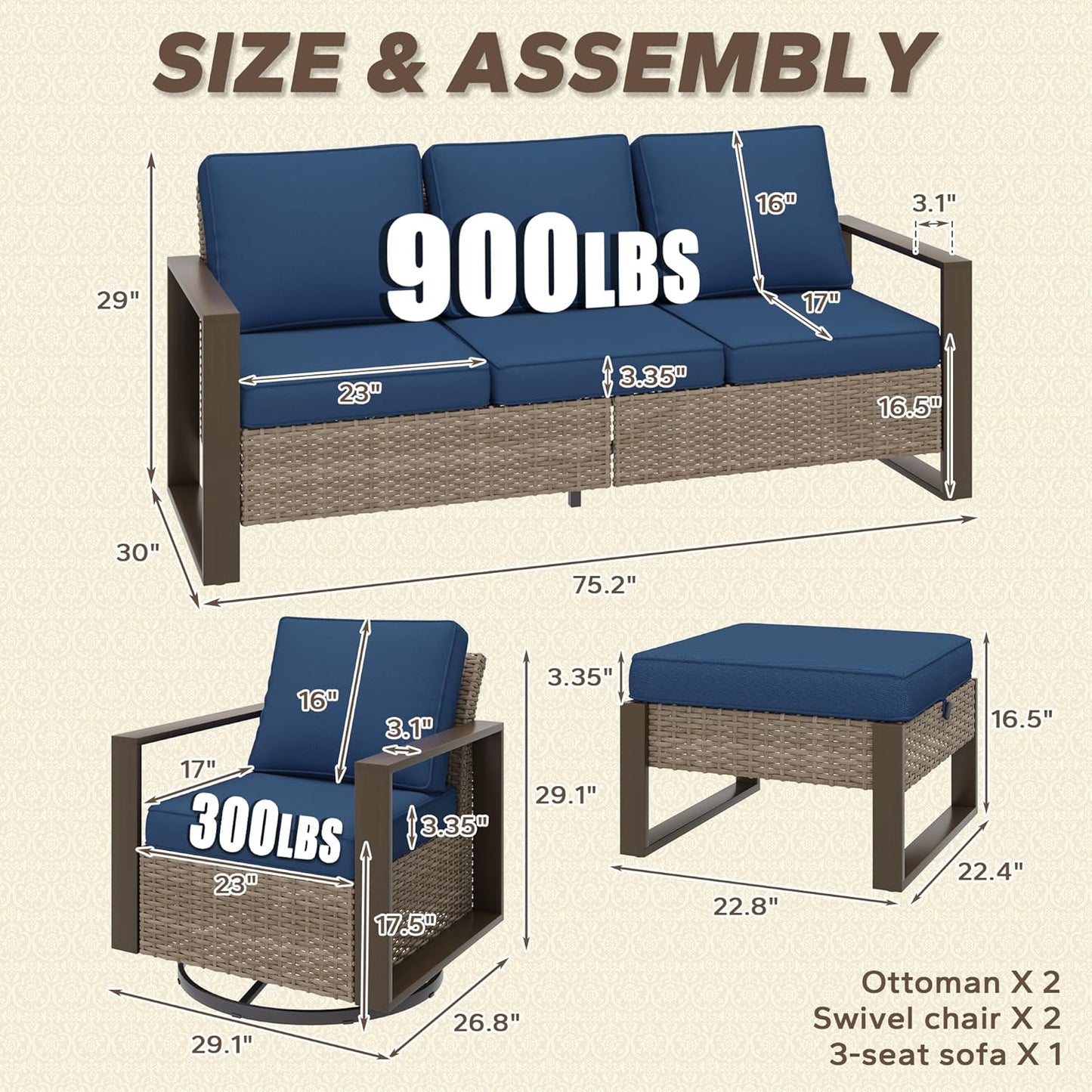 5 Pieces Metal Wicker Patio Furniture Set with 75" Sofa, Two Swivel Chairs and Two Ottomans, All Weather Rattan Outdoor Conversation Furniture with Washable Cushions for Porch, Dark Blue