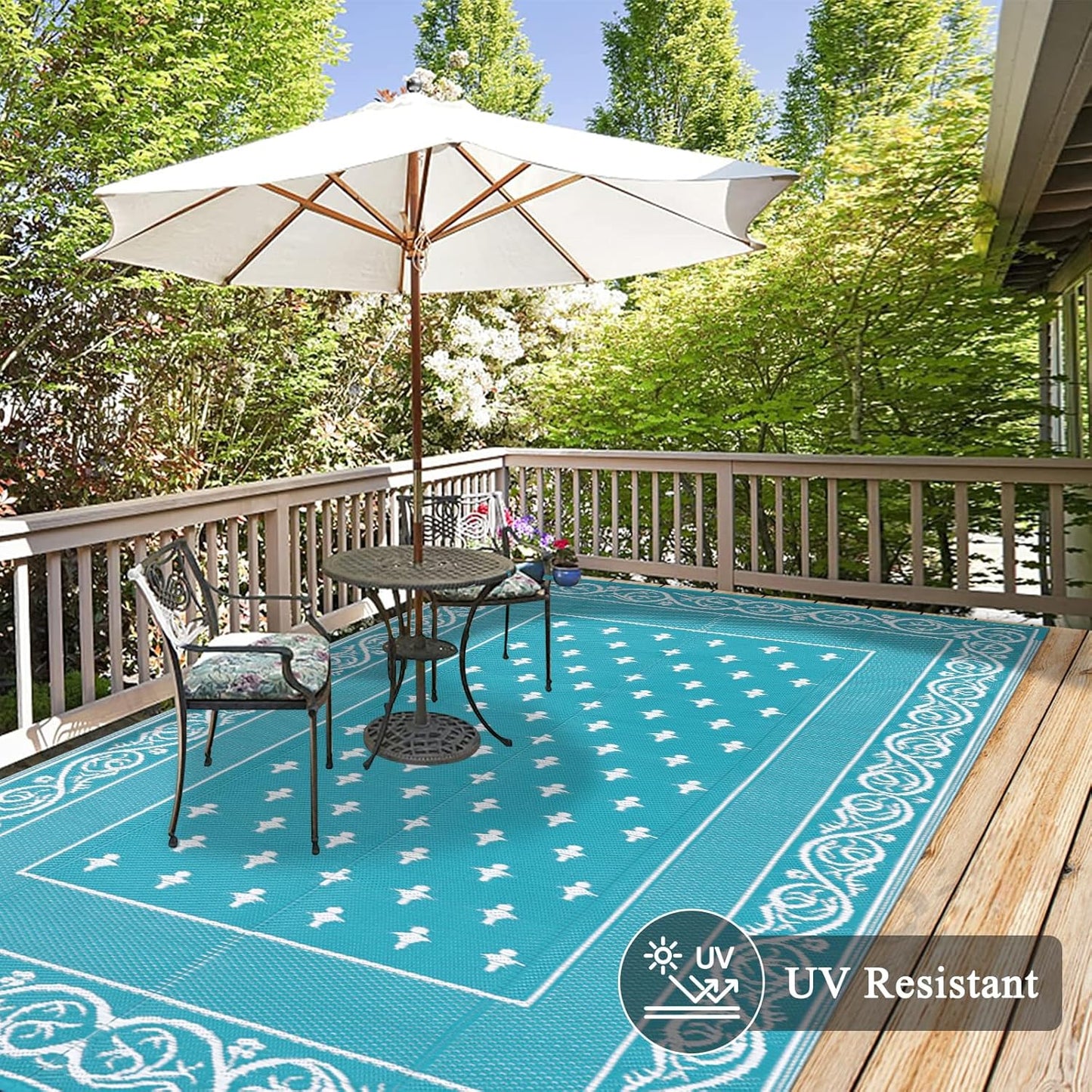 Pauwer Waterproof Outdoor Rug 9x12, Reversible Plastic Straw Patio Camping Rug, Indoor Outdoor RV Mat Carpet for Deck, Camper, Porch, Balcony, Backyard, Picnic, Bordered Teal