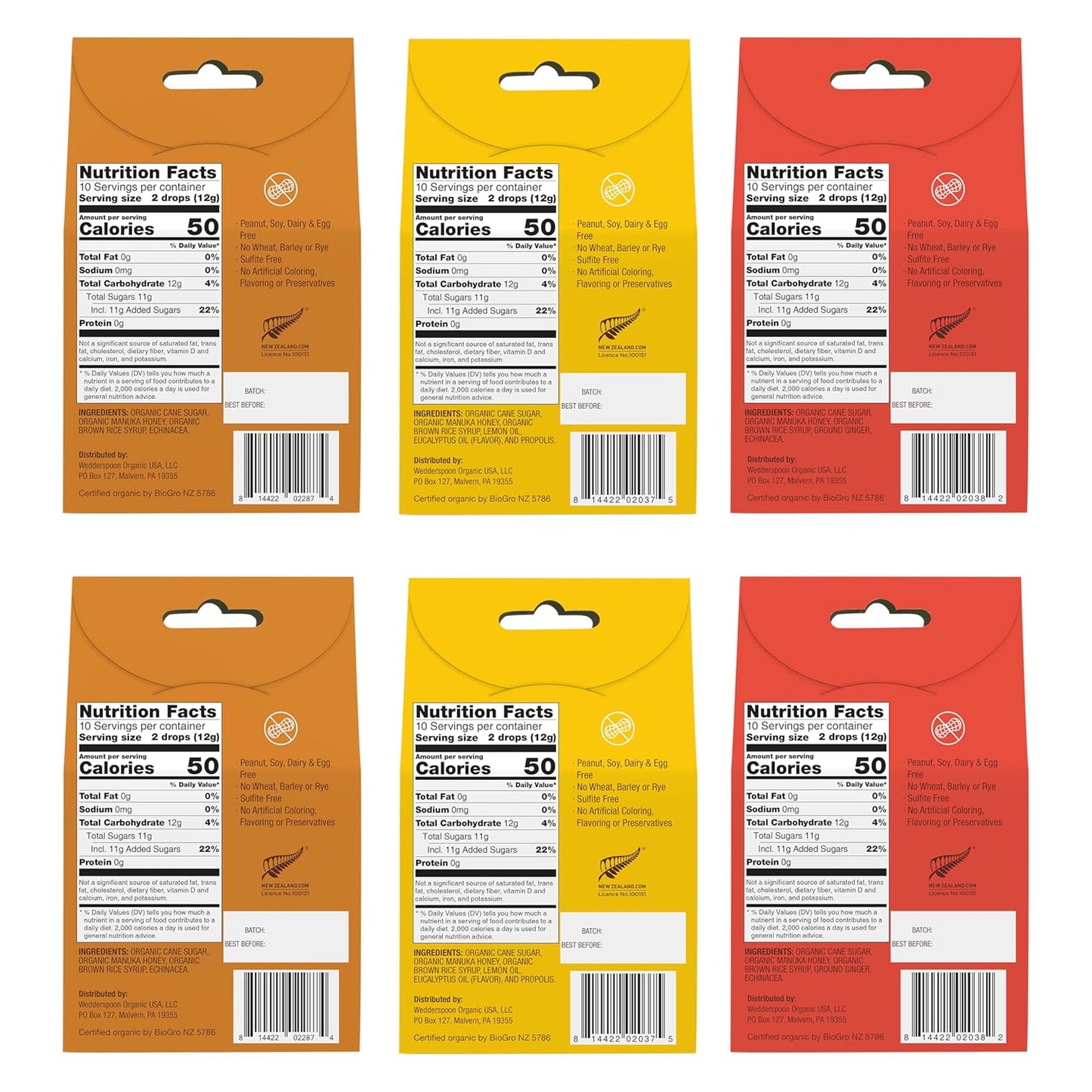 Wedderspoon Organic Manuka Honey Drops, Variety Pack, 4 Oz (Pack of 6) - Genuine New Zealand Honey - Perfect Remedy For Dry Throats