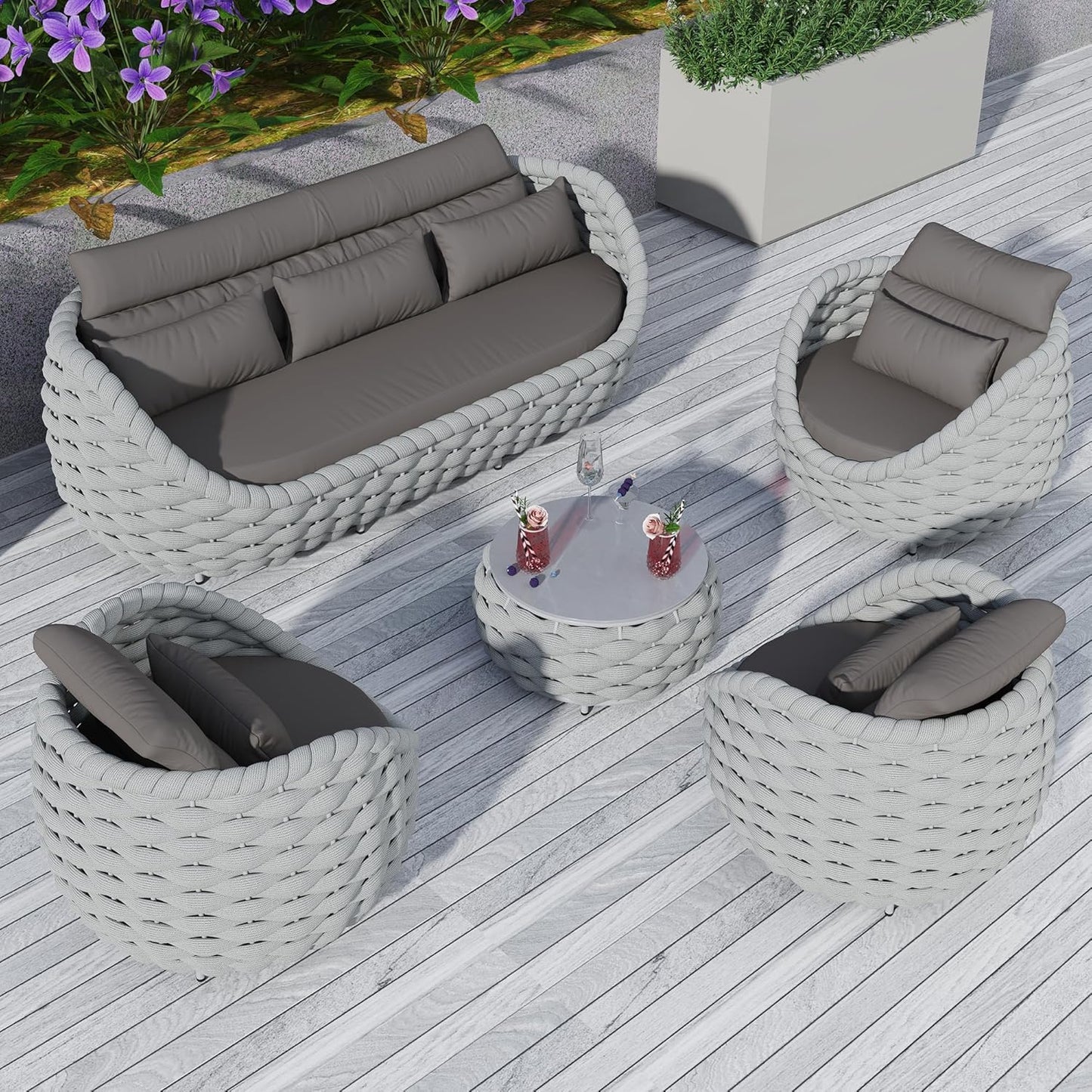 TWT Outdoor Patio Furniture Set, 5 Pieces Aluminum Sectional Sofa, Metal Patio Conversation Set with Threeseat & Armchair, Cushion and Coffee Table, Dark Grey