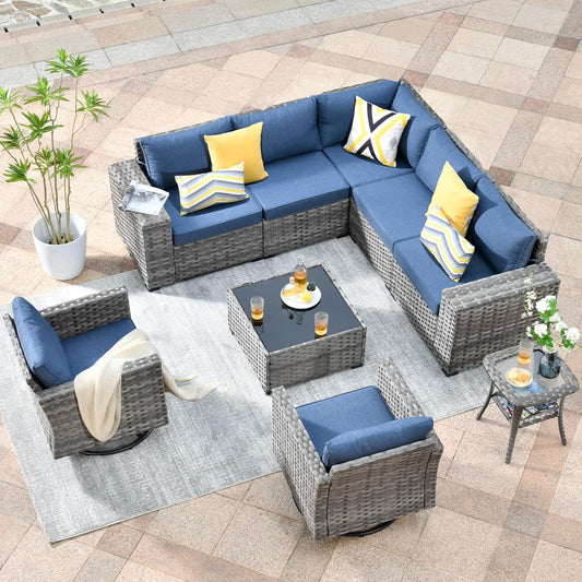 HOOOWOOO 9 Piece Modular Patio Outdoor Sectional Furniture Set with Swivel Rocking Chairs,Wicker Conversation Sofa Set,Outside Couch Set with Wide Arm(Denim Blue)
