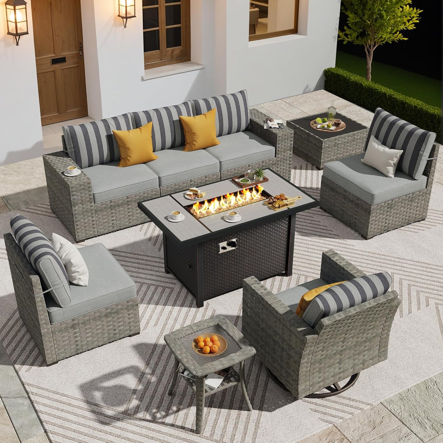 ovios 9 Pieces Patio Furniture Set, Outdoor Wicker Sectional Sofa with 42" Firepit Table Swivel Chair, Modern Modular Deep Seat Rattan Couch Conversation Sets, Dark Gray Stripe