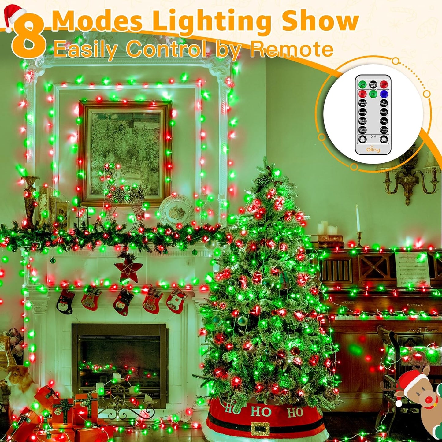 Ollny Christmas Lights Outdoor 800LED 262FT, Red and Green Plug in Fairy Lights with Remote, 8 Modes Waterproof Timers Dimmable LED String Lights for Indoor House Outside Bedroom Patio Balcony