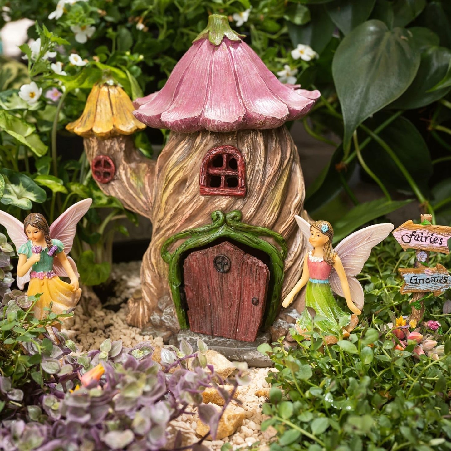 PRETMANNS Fairy House Kit - Fairy Garden Accessories for Outdoor Miniature Village Decor, with Fairies & Sign - House, 7 ‘ High & Door can Open Wide - 4 Piece Supplies