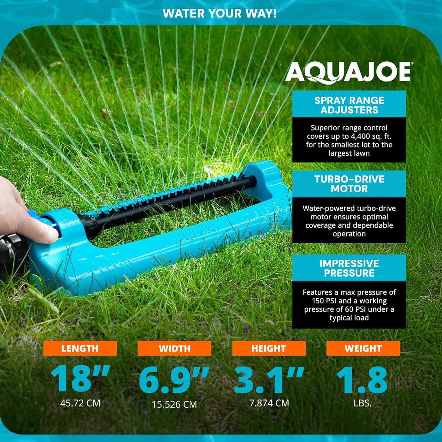 Aqua Joe SJI-OMS20 Jumbo Oscillating Sprinkler with Adjustable Spray and Metal Base, Up to 4,400-Square-Foot Coverage, 70-Foot Spray Distance, 63-Foot Spray Width