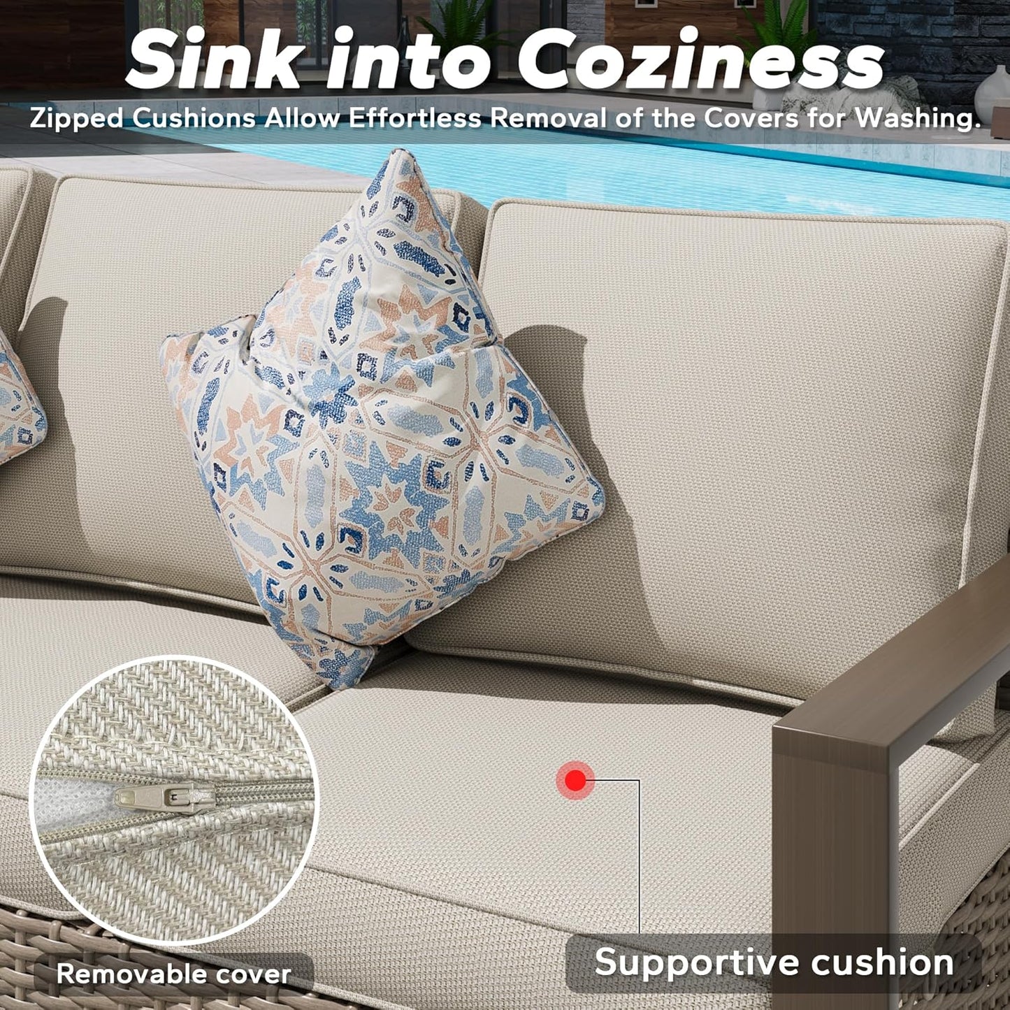 Wicker Patio 75" Sofa Set with 2 Swivel Chairs, All Weather Rattan Outdoor Conversation Furniture Set with Wood-Looking Metal Armrest & Removable Cushions for Backyard Porch, Beige