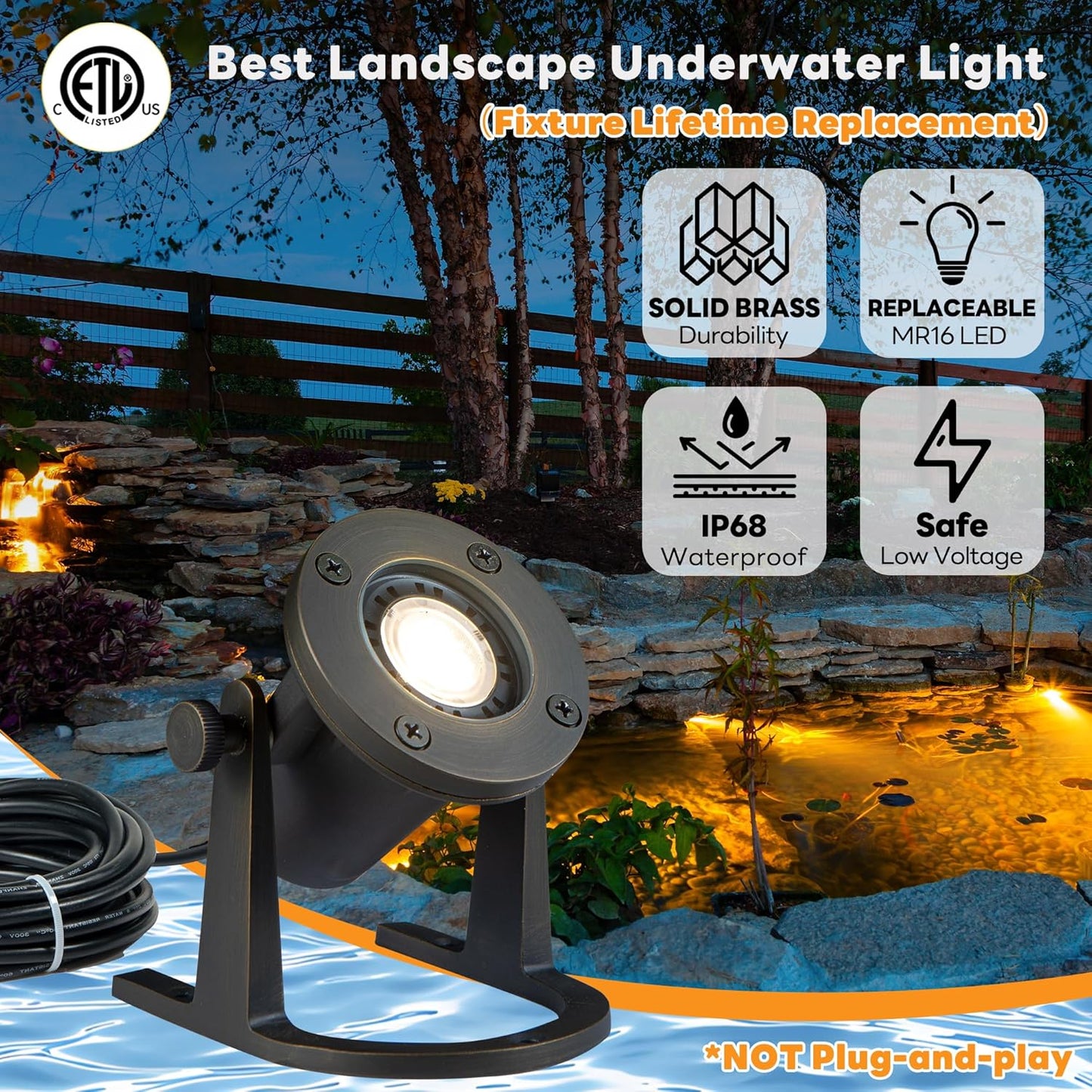 Brass Underwater Pond Light - 12V Low Voltage Fountain Lights Wired, IP68 Waterproof Submersible Pool Lighting LED, Adjustable Bronze for Outdoor Waterfall Water Area MR16 Bulb Not Included